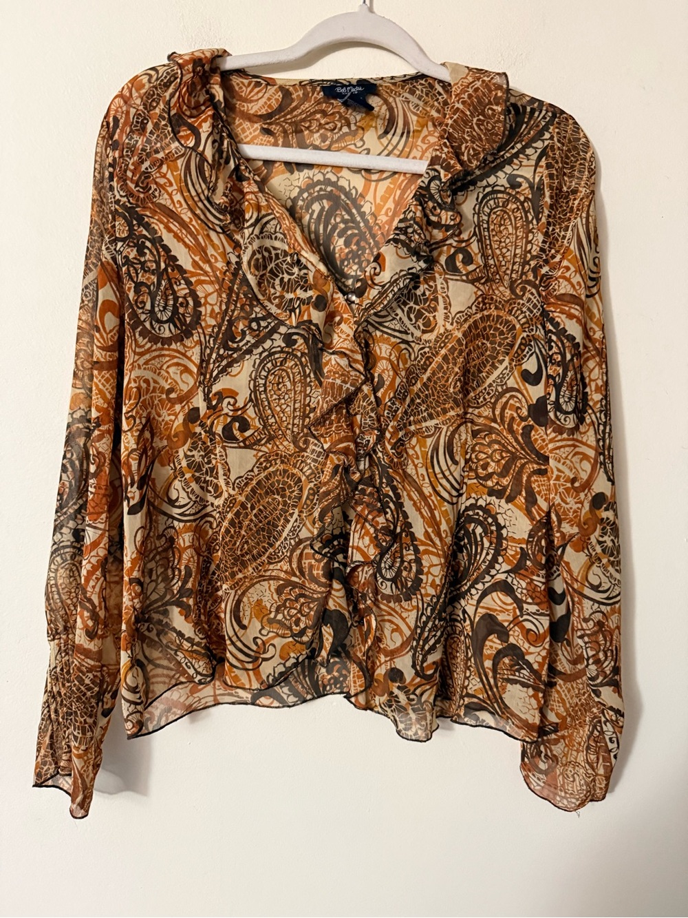 Vintage Bob Mackie Brown Paisley Ruffle-Front Blouse - Women Tops, Sheer, sz 16
